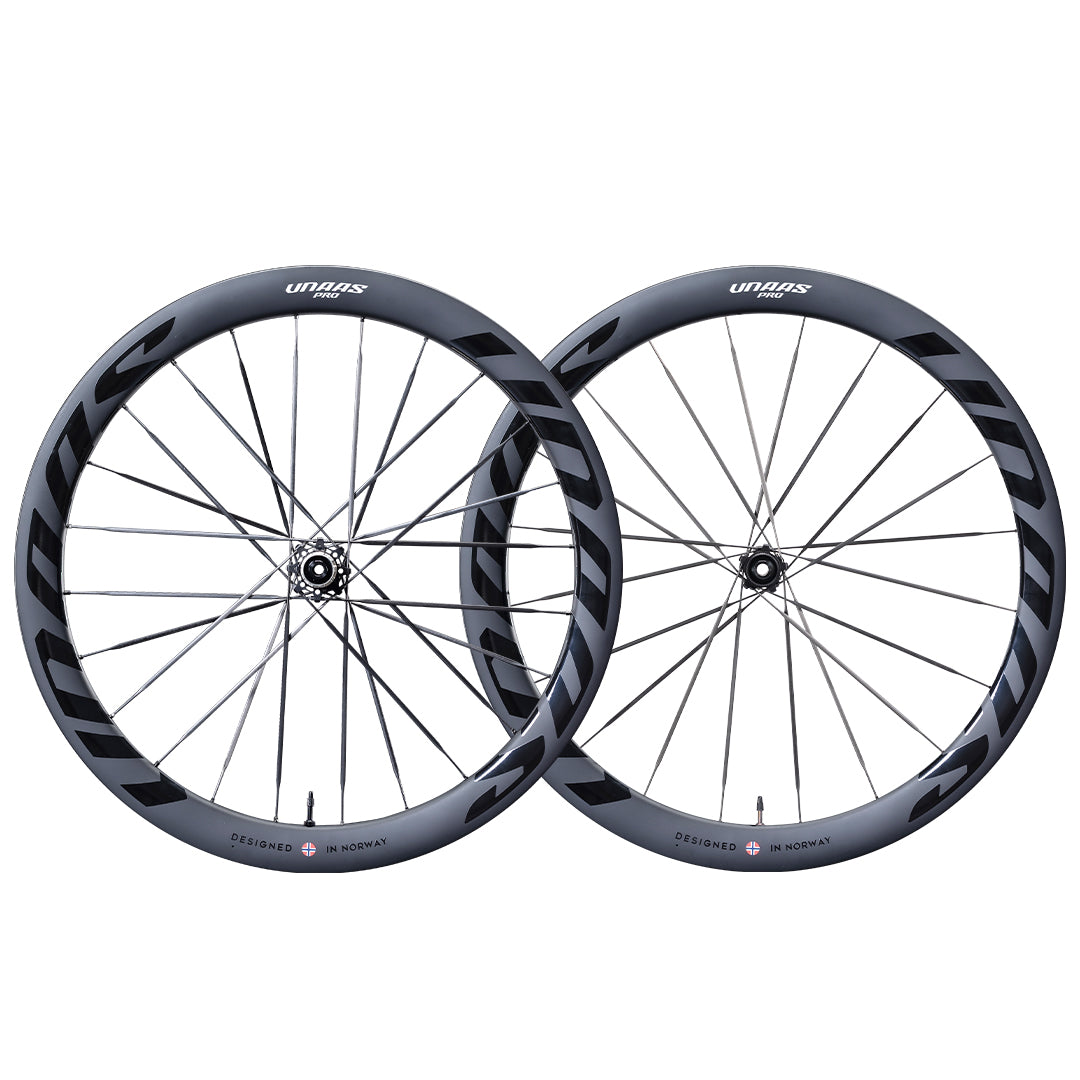 UNAAS Pro D50 Disc Brake Wheelset, UD black carbon fiber with black & gray decals, 50mm depth.
