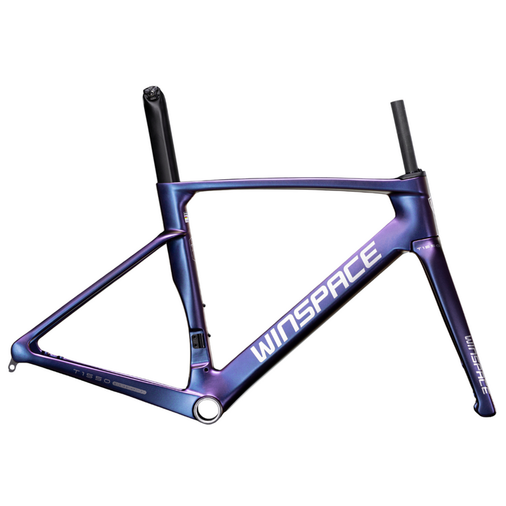 Winspace T1550 Gen 2 iridescent carbon fiber frameset with internal routing and aero seatpost.