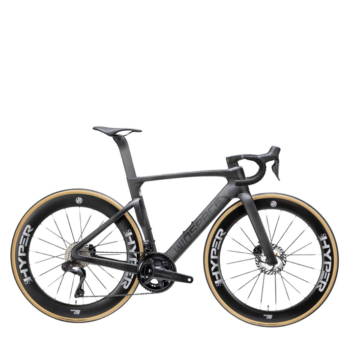 Dark grey WINSPACE T1600 carbon road bike with HYPER wheels, disc brakes, and tan tires, product page.