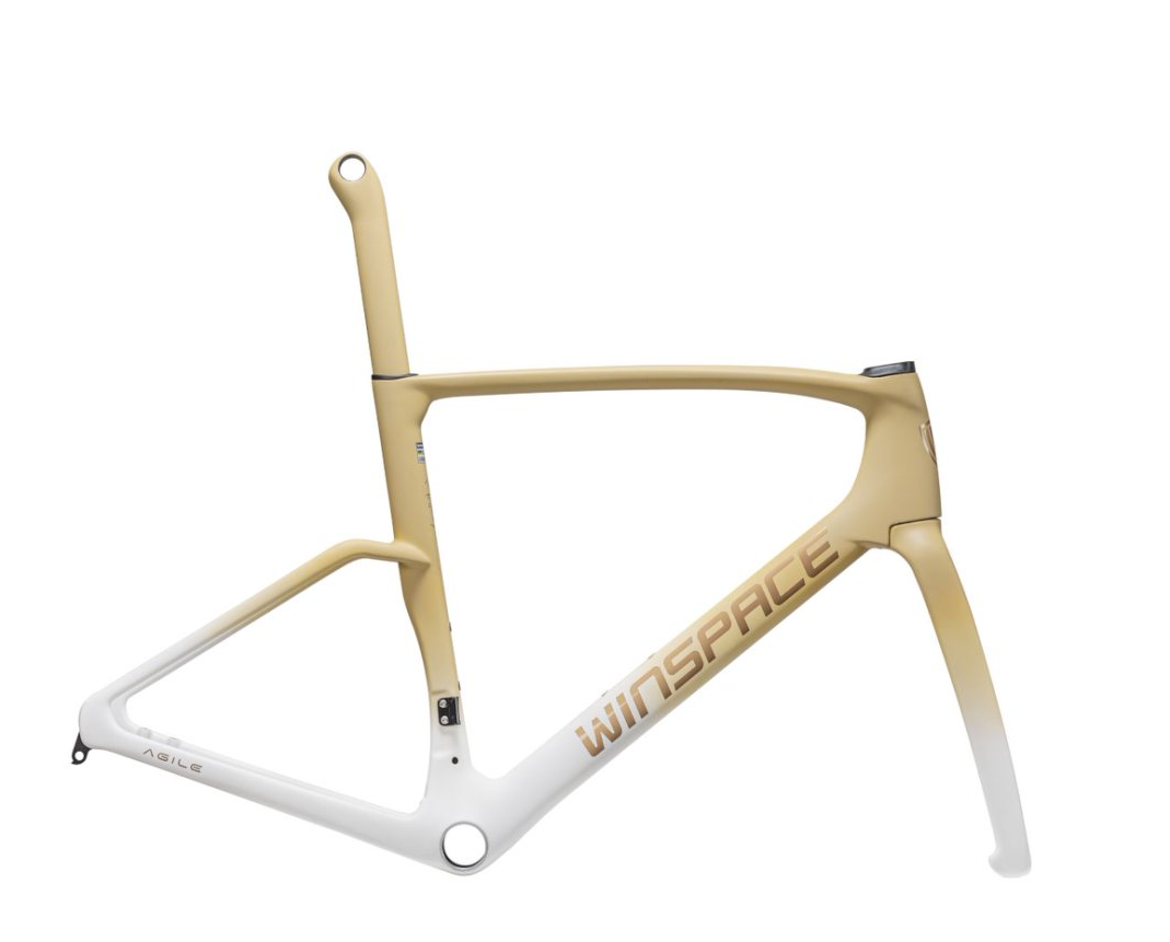 WINSPACE Agile carbon fiber road bike frame, aerodynamic design, disc brake compatible, tan to white gradient.