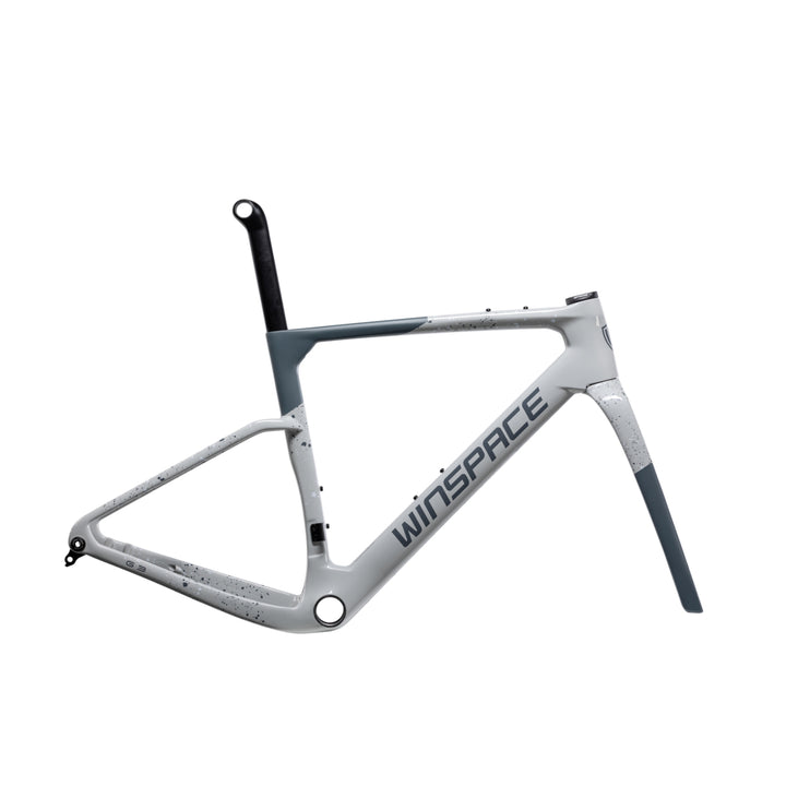 WINSPACE G3 gravel bike carbon fiber frameset, light grey with dark grey accents and speckled detailing.