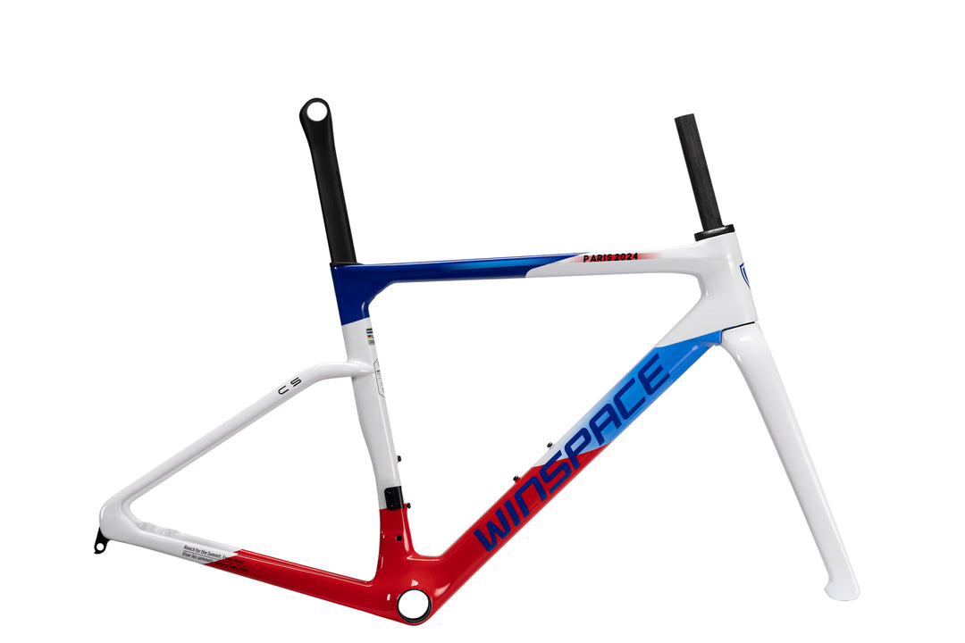 WINSPACE C5 carbon fiber road bike frame, white with red/blue, aero seatpost, fork, Paris 2024 logo.