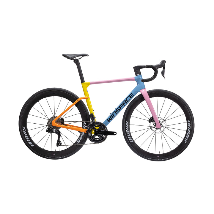WINSPACE C5 multi-color road bike: blue, pink, yellow, orange frame. Shimano 105 Di2, carbon wheels, disc brakes.