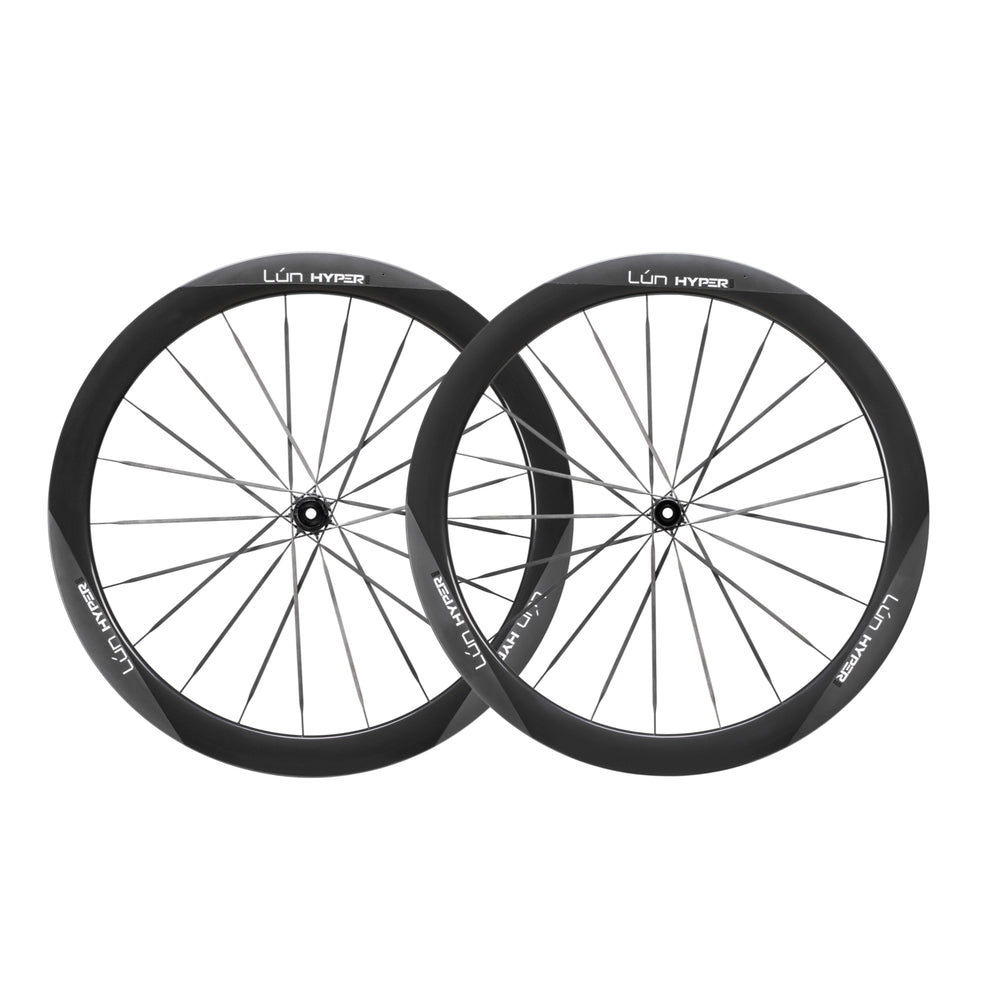 Pair of LUN HYPER 5 matte black carbon fiber bicycle wheels with thin grey spokes and prominent LUN HYPER logo on rims.
