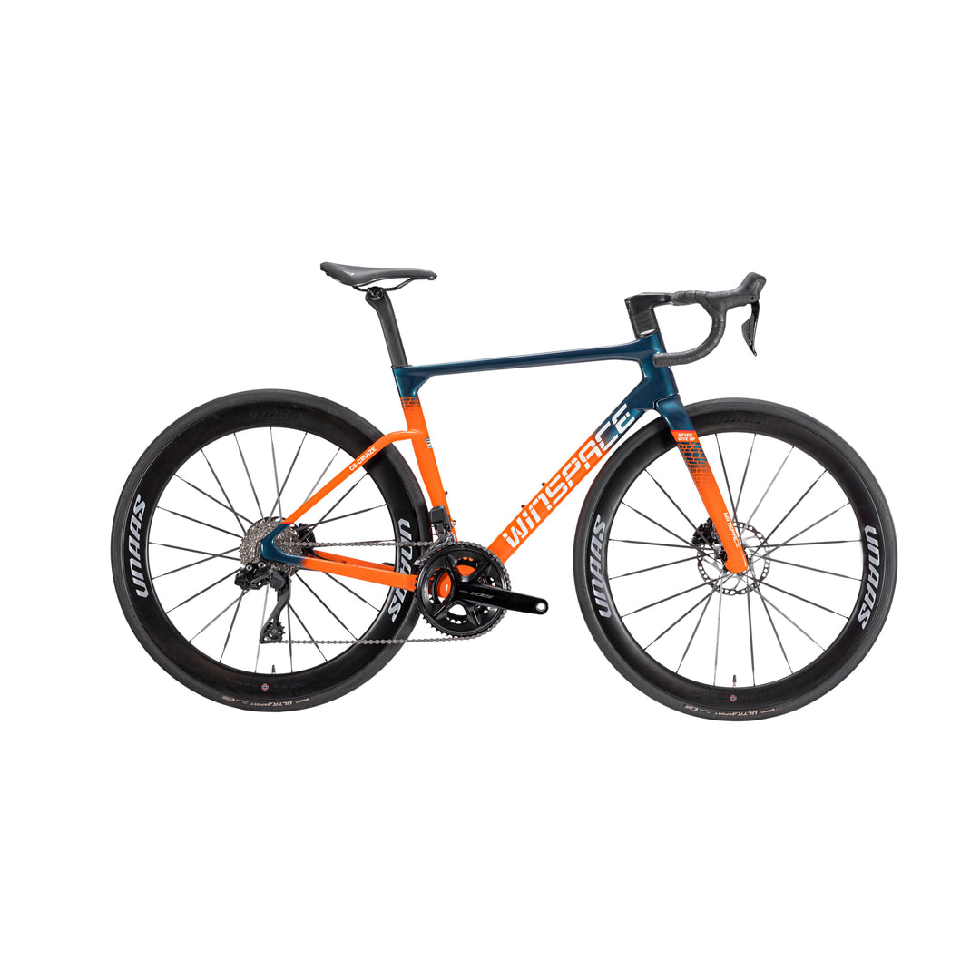 WINSPACE C5 road bike with gradient blue and orange frame, Shimano 105 Di2, UNAAS carbon wheels, disc brakes.