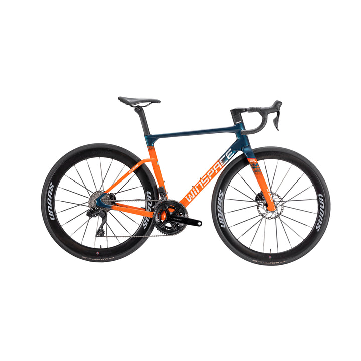 WINSPACE C5 road bike with gradient blue and orange frame, Shimano 105 Di2, UNAAS carbon wheels, disc brakes.