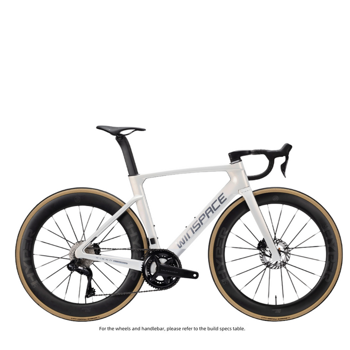 White T1550 Gen2 105 Di2 road bike with black handlebars, saddle, tan-wall tires and disc brakes.