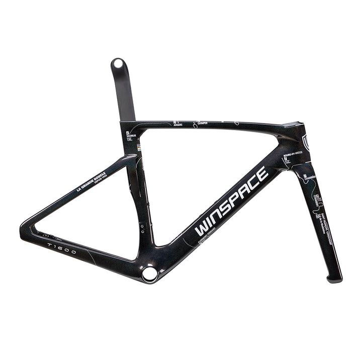 WINSPACE T1600 black carbon fiber bicycle frame with white graphics, showcasing product appearance.