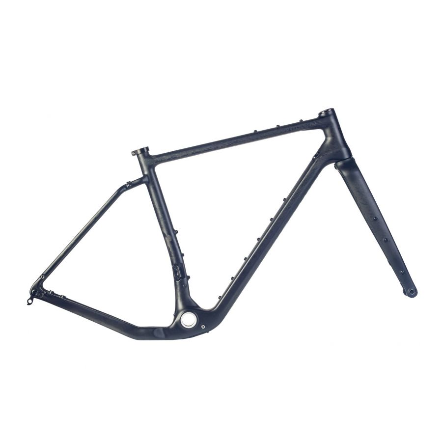 Matte black carbon fiber Winspace G2 gravel frameset and fork with numerous mounting points for bags and bottles.