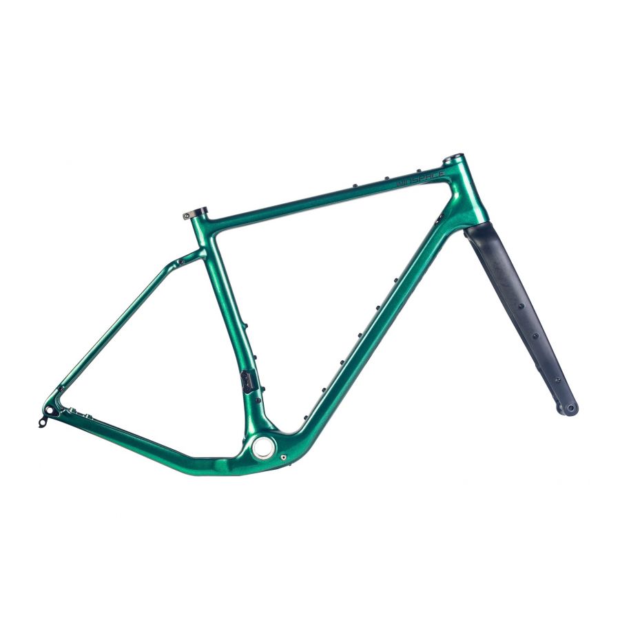 Emerald green Winspace G2 gravel bike carbon fiber frameset and fork with mounting points and BSA threaded bottom bracket.