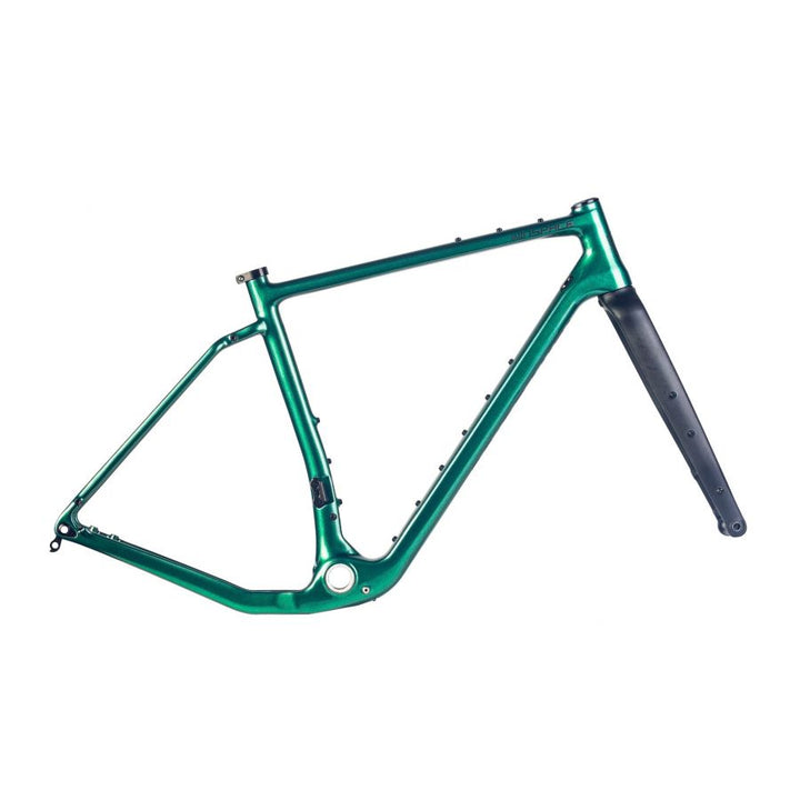 Emerald green Winspace G2 gravel bike carbon fiber frameset and fork with mounting points and BSA threaded bottom bracket.