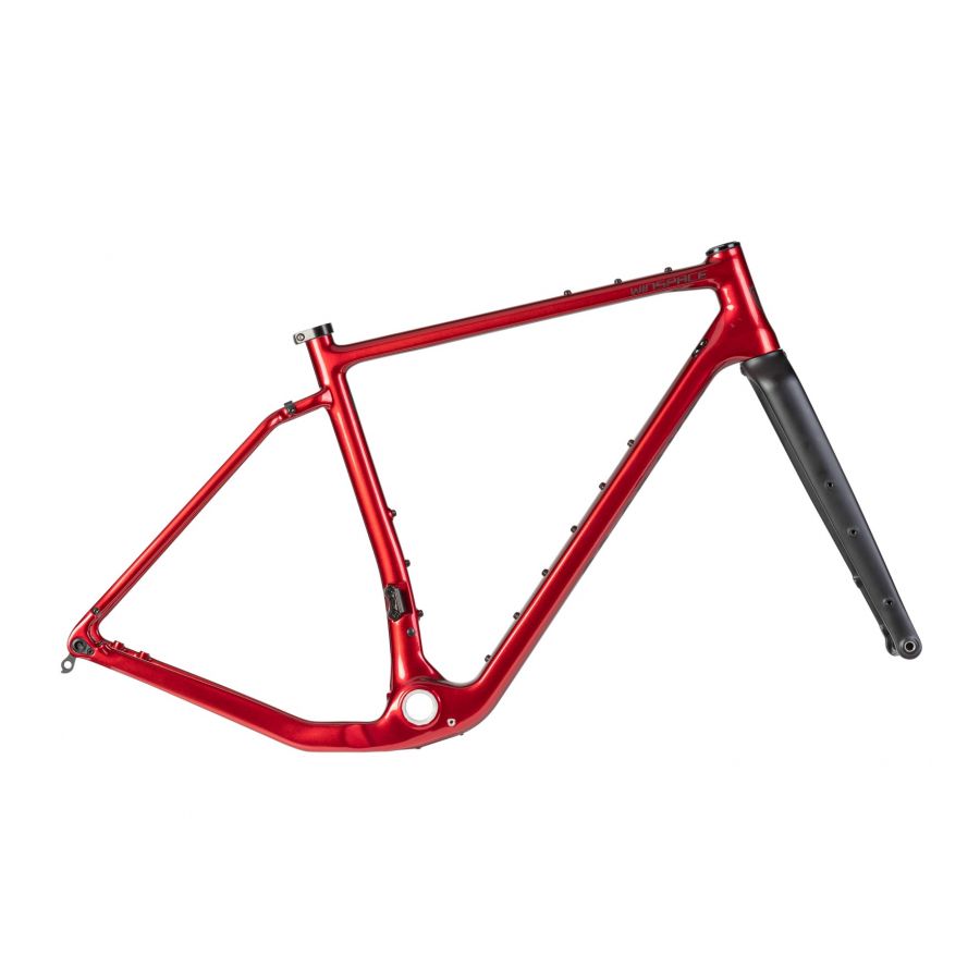 Crimson red Winspace G2 carbon fiber gravel bike frameset and fork with multiple mounting points.