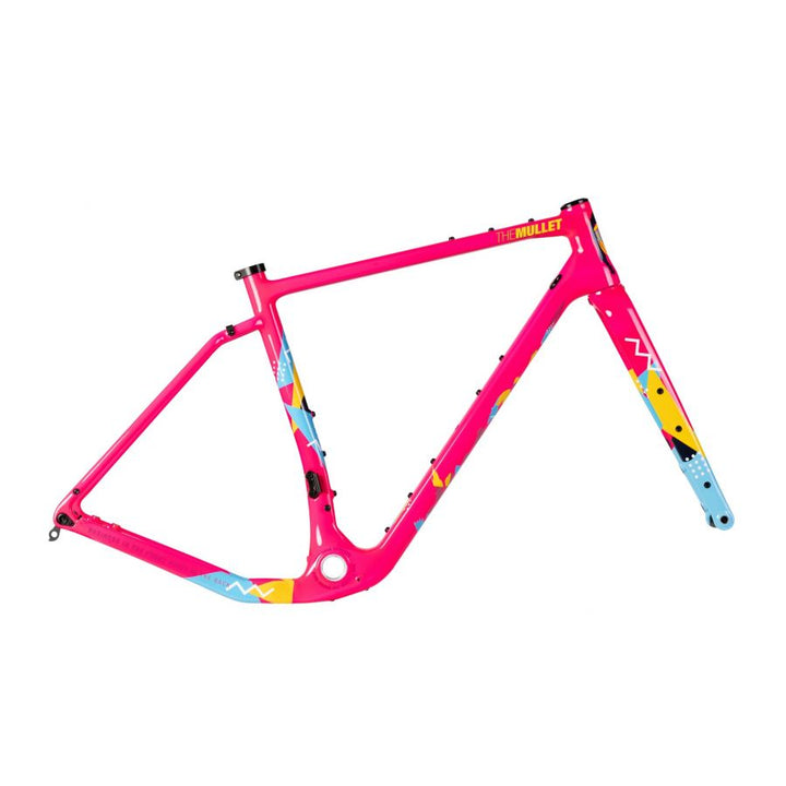 Winspace G2 Gravel frameset in vibrant pink with retro geometric graphics and 'THE MULLET' branding.