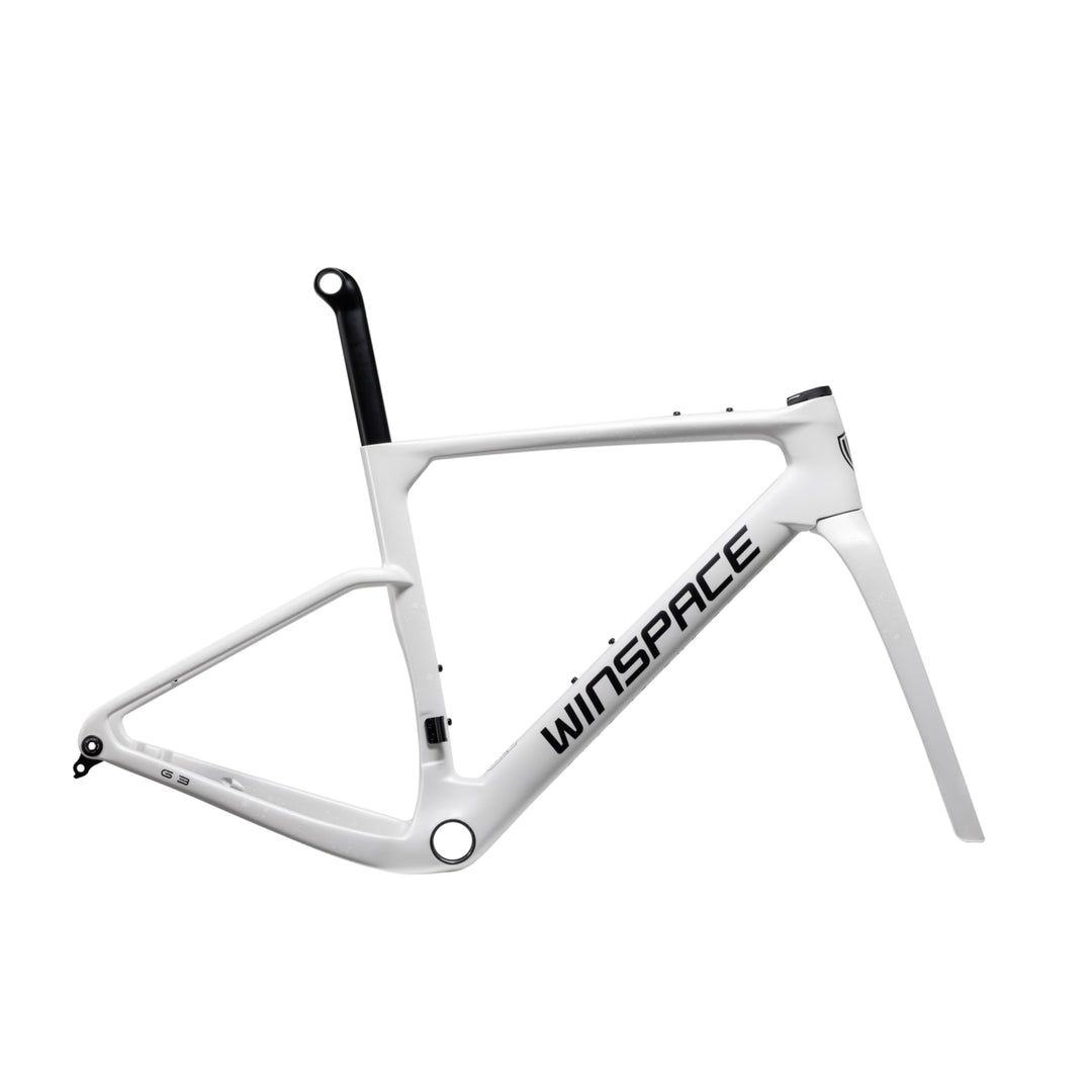 White WINSPACE G3 carbon fiber gravel bike frameset with black WINSPACE logo.