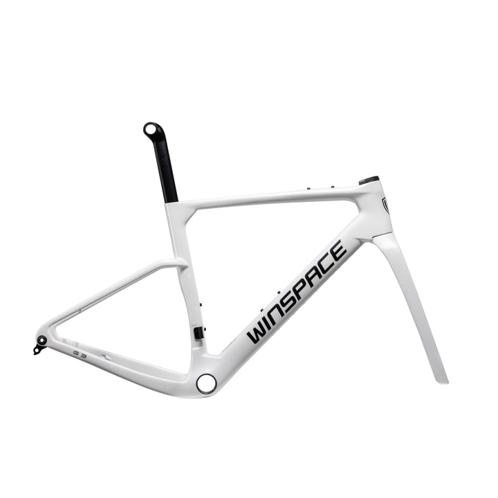 White WINSPACE G3 carbon fiber gravel bike frameset with black WINSPACE logo.