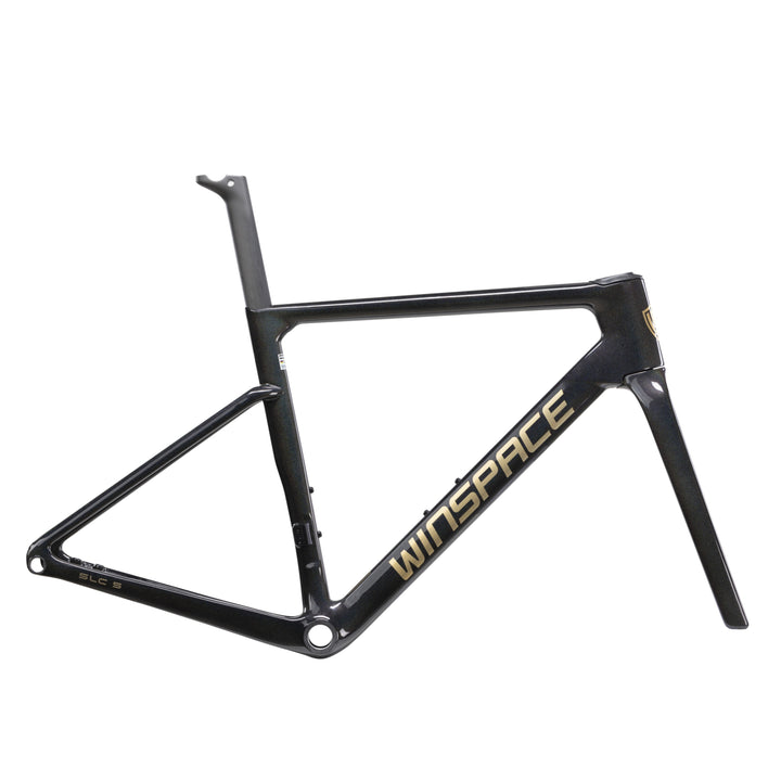 Black carbon fiber WINSPACE SLC 5.0 aero bicycle frame with integrated seatpost and gold accents.
