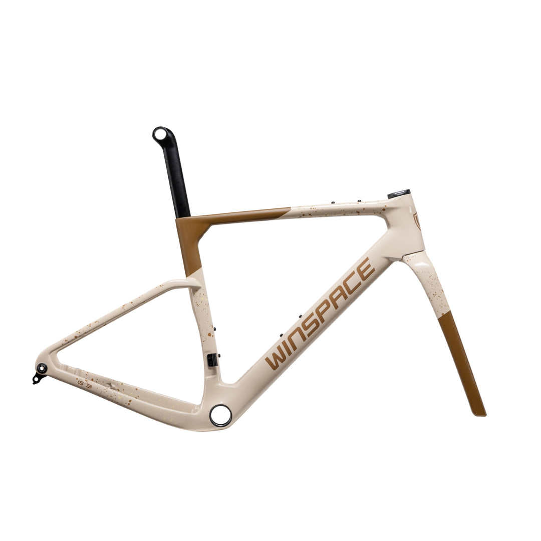 WINSPACE G3 gravel bike frameset, matte cream with brown speckled accents and metallic brown WINSPACE logo.