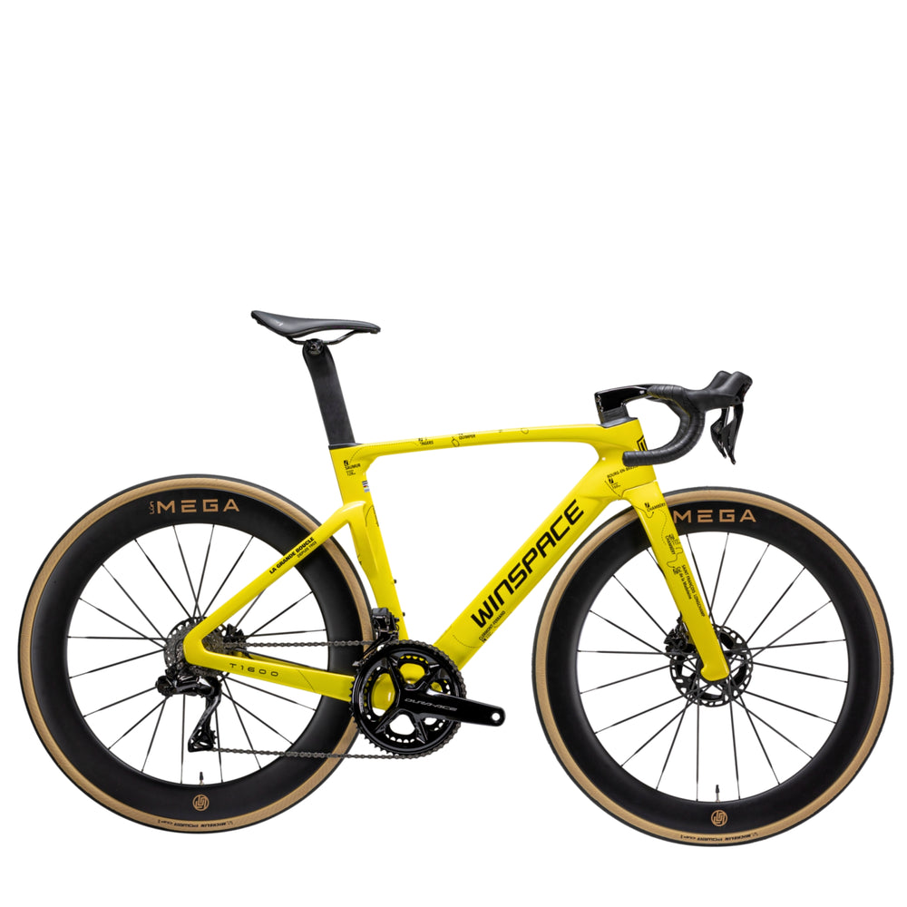 Yellow WINSPACE T1600 carbon road bike with black MEGA wheels and disc brakes, displayed on product page.