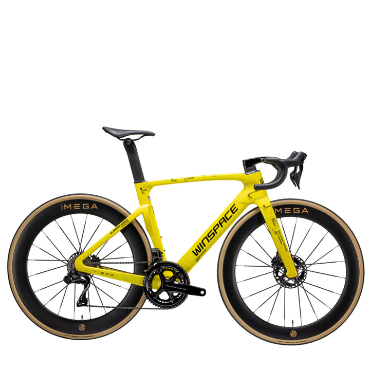 Yellow WINSPACE T1600 carbon road bike with black MEGA wheels and disc brakes, displayed on product page.