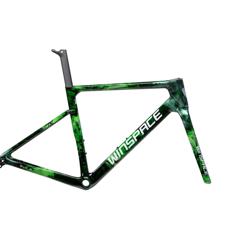 WINSPACE SLC 5.0 bicycle frame in green and black marbled carbon fiber with white branding.