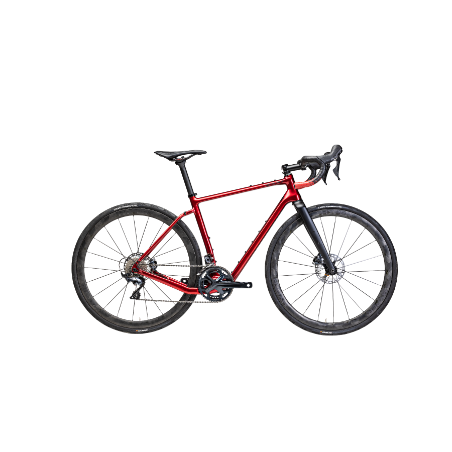 Crimson red Winspace G2 gravel bike with black fork and wheels, drop handlebars, and disc brakes.