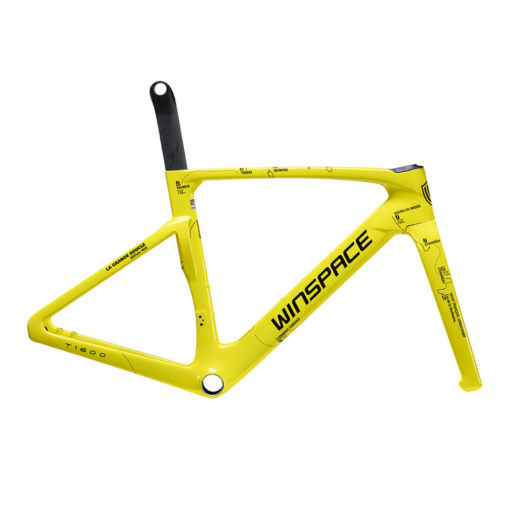 WINSPACE T1600 yellow bicycle frame with black graphics, featuring "LA GRANDE BOUCLE" text and map details.