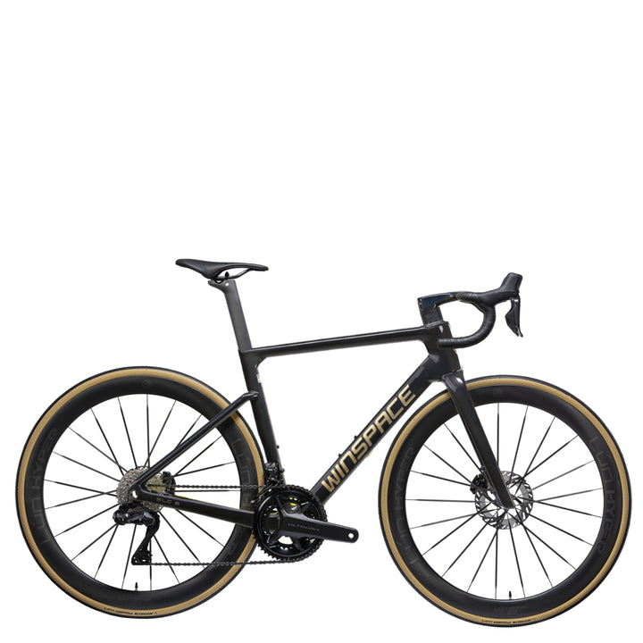 Black carbon fiber SLC5.0 Ultegra Di2 road bike with tan sidewall tires and gold WINSPACE branding.