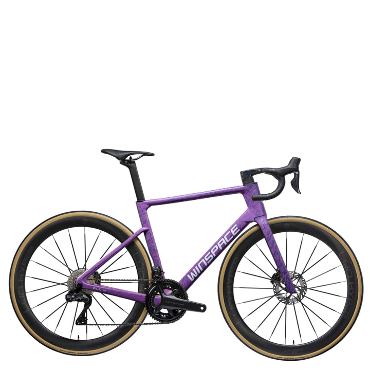 Purple marbled WINSPACE SLC5.0 Ultegra Di2 carbon fiber road bike with disc brakes and tan sidewall tires.