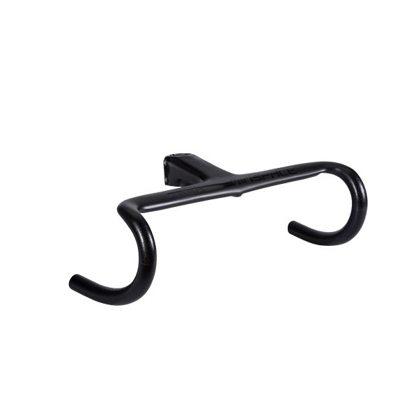 Matte black carbon fiber Winspace Zero integrated handlebar and stem, aerodynamic design. Product appearance.