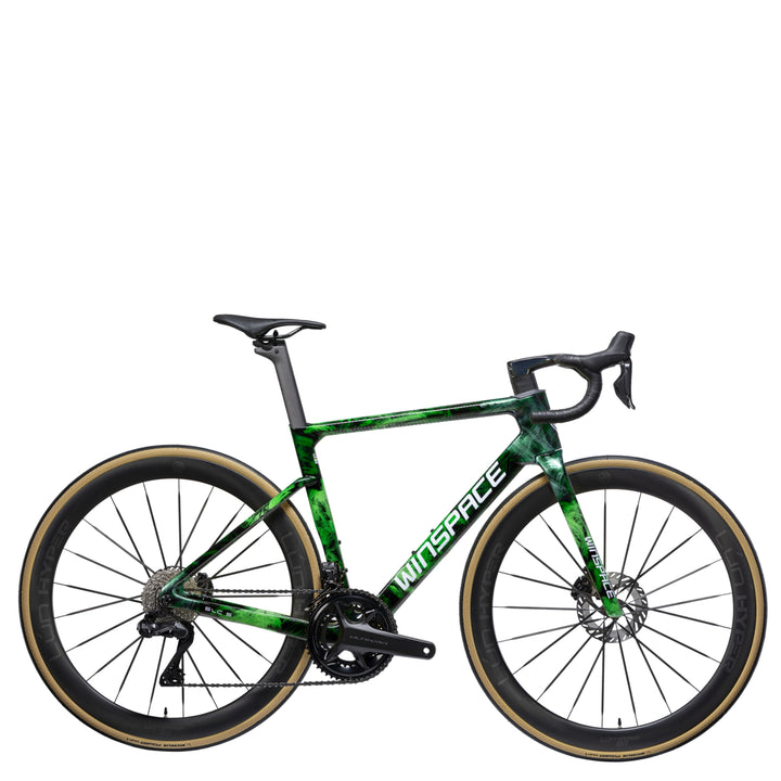 WINSPACE SLC5.0 green marbled carbon fiber road bike with Ultegra Di2 and tan sidewall tires.