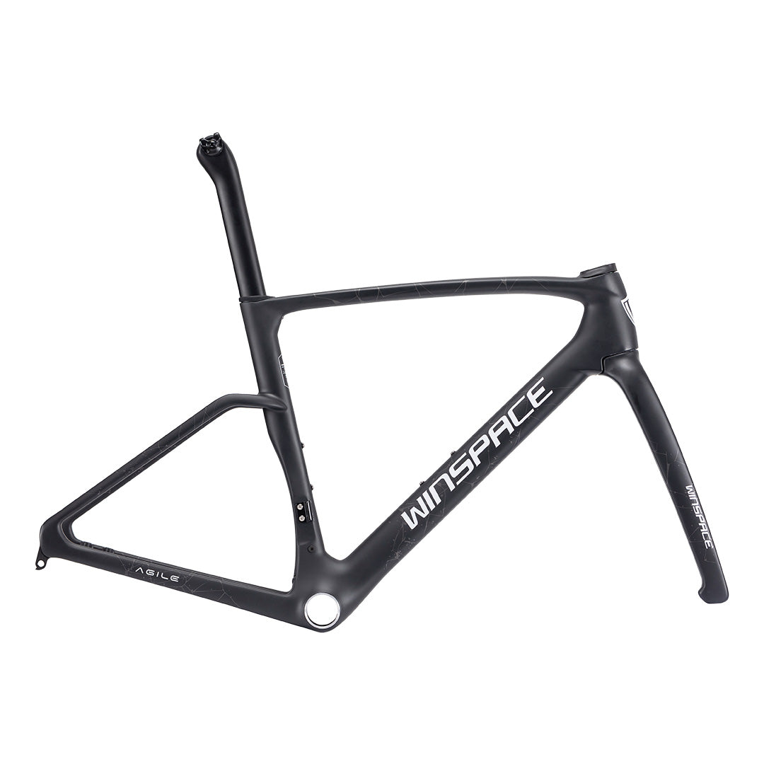 Matte black WINSPACE Agile carbon fiber road bike frame and fork, aerodynamic T800+T1000 construction, disc brake compatible.