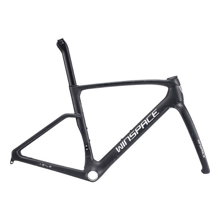 Matte black WINSPACE Agile carbon fiber road bike frame and fork, aerodynamic T800+T1000 construction, disc brake compatible.
