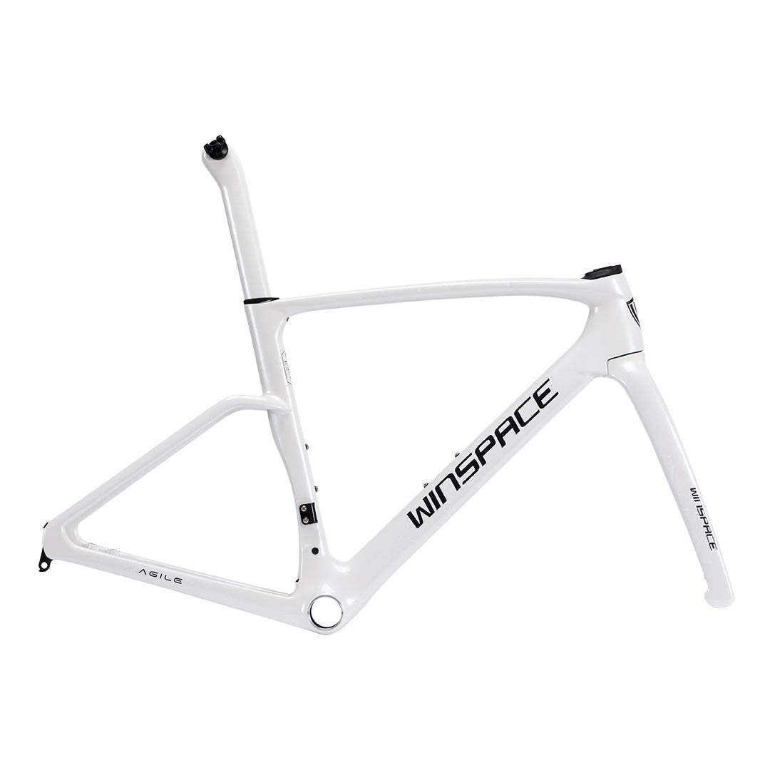 WINSPACE Agile white carbon fiber road bike frame, aerodynamic design, internal cable routing, T800+T1000 material.