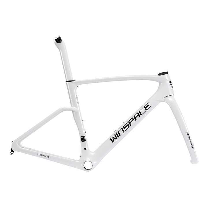 WINSPACE Agile white carbon fiber road bike frame, aerodynamic design, internal cable routing, T800+T1000 material.