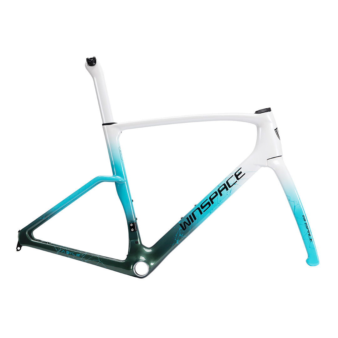 WINSPACE Agile carbon fiber road bike frame, teal to white gradient paint, aerodynamic design, disc brake compatible.
