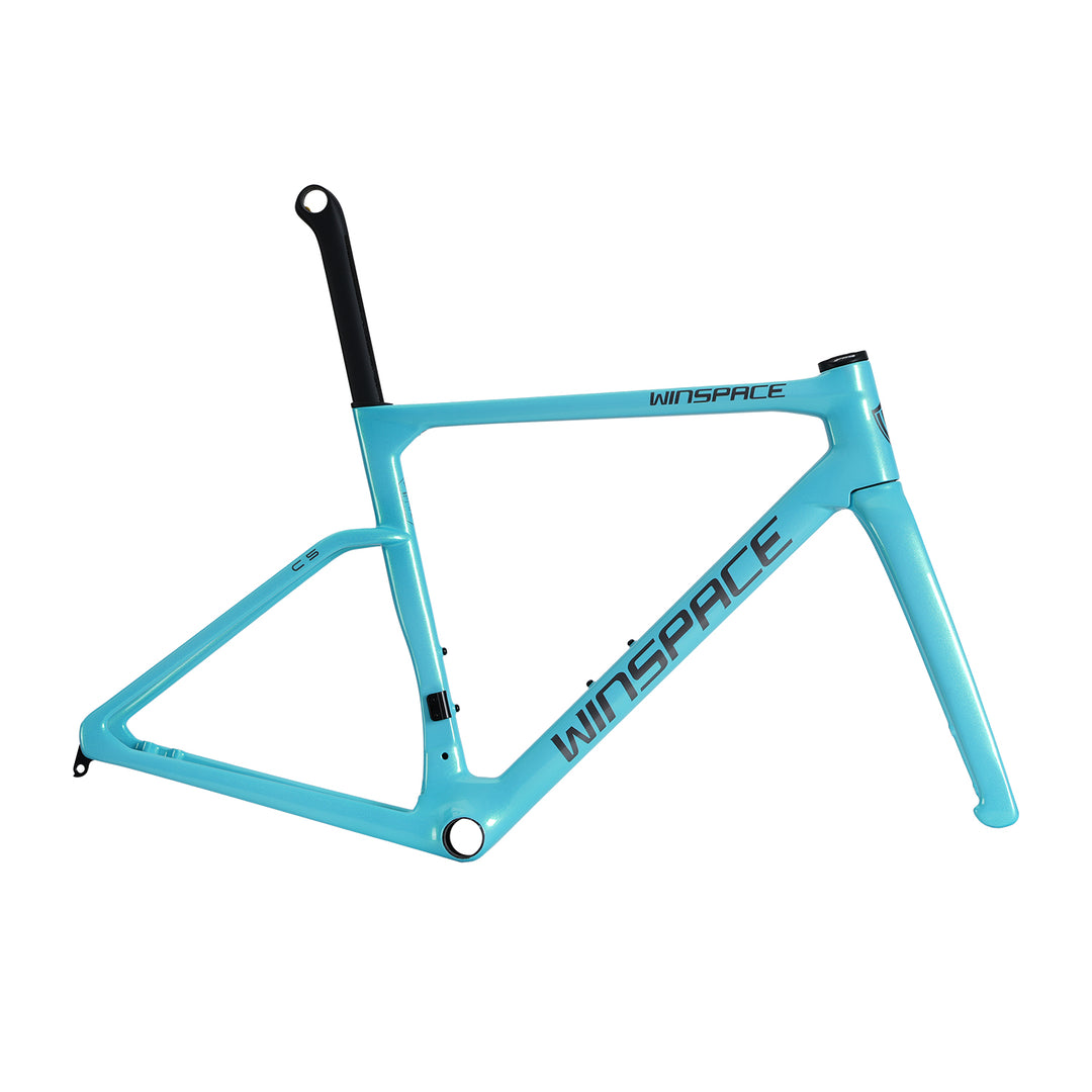 Sky blue WINSPACE C5 carbon fiber road bike frameset with black aero seatpost and WINSPACE logos.
