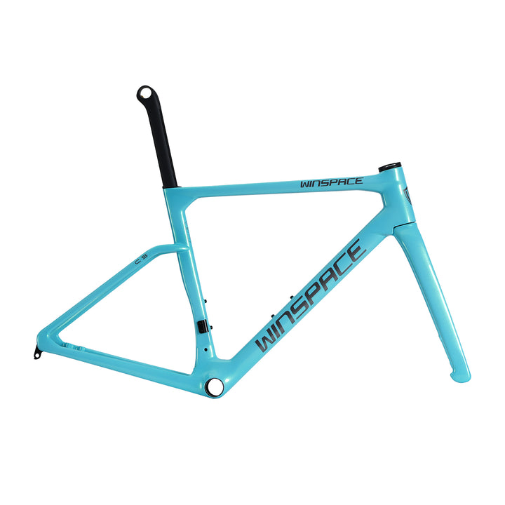 Sky blue WINSPACE C5 carbon fiber road bike frameset with black aero seatpost and WINSPACE logos.