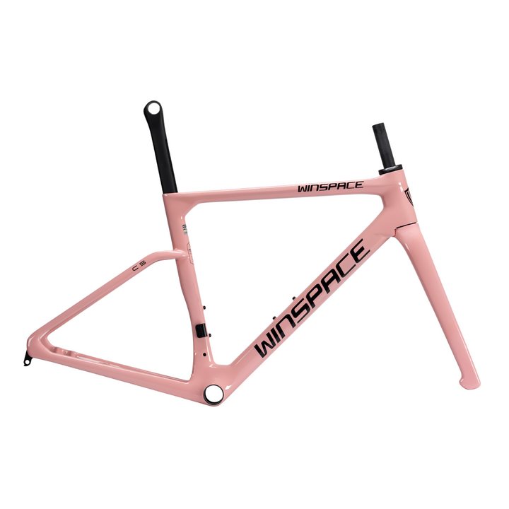 Light pink WINSPACE C5 carbon fiber road bike frameset with integrated aero seatpost and fork. Black WINSPACE logos.