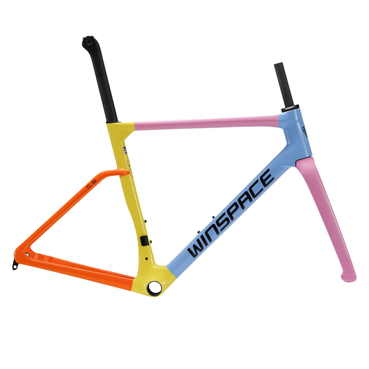 WINSPACE C5 carbon fiber frameset, color block design (blue, pink, yellow, orange), aero seatpost, fork.