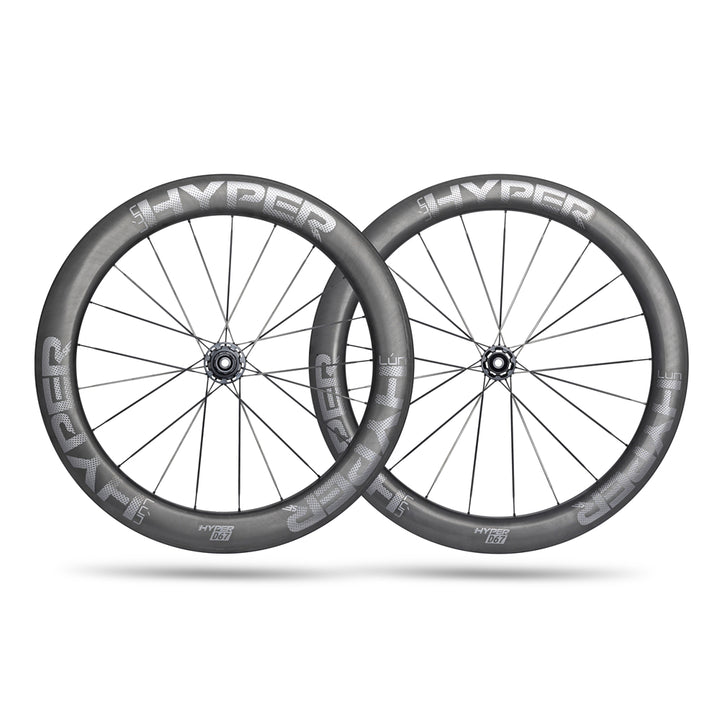Lún HYPER 23 SE D67 disc brake wheelset, 67mm matte carbon rims with silver logos.