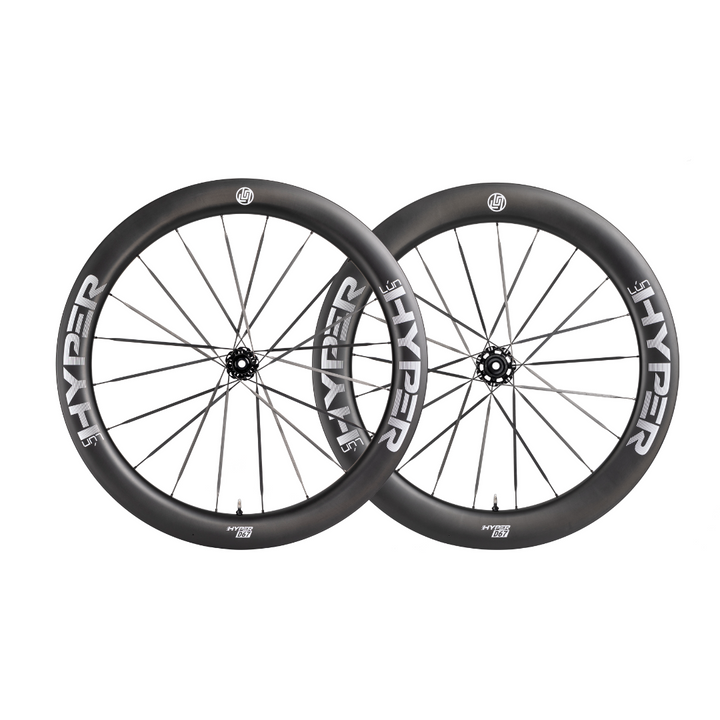 HYPER 3 D67 carbon disc brake wheelset, matte black finish with white HYPER branding, 60mm front and 68mm rear rim depth.