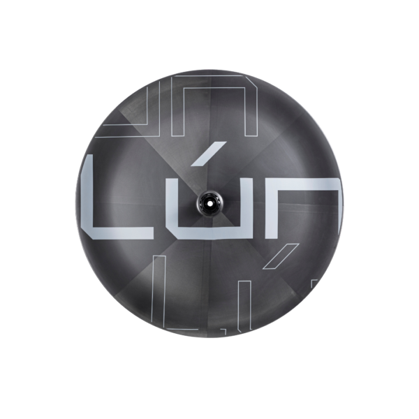 Lún Kronos disc wheel, matte dark gray carbon fiber, white LÚN logo, silver hub. For track racers & time trials.