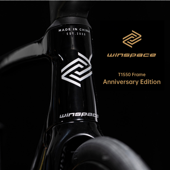 Winspace T1550 Anniversary Edition carbon road bike frame headtube with silver and gold logos.