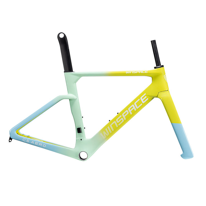 Winspace C5 Aero road bike frame in gradient mint, yellow, and blue with white branding. Showcasing aerodynamic design.