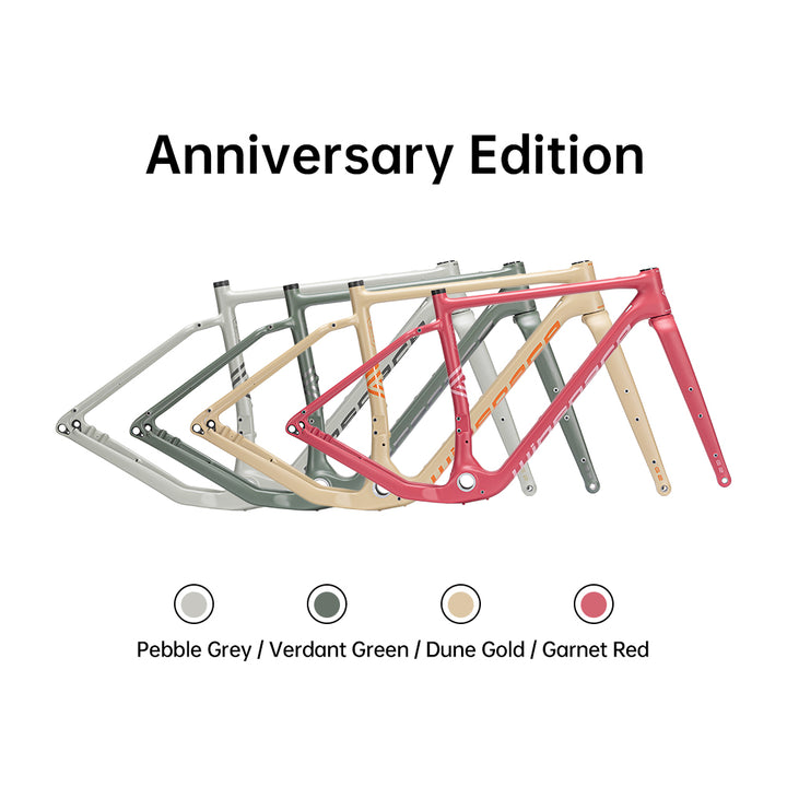Winspace G2 Gravel framesets in Pebble Grey, Verdant Green, Dune Gold, and Garnet Red Anniversary Edition colors.
