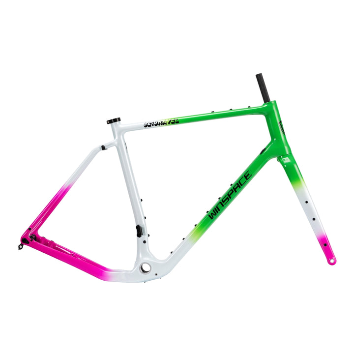Winspace G2 Gravel carbon fiber frameset and fork in gradient white, green, and pink with G2 GRAVEL and WINSPACE branding.