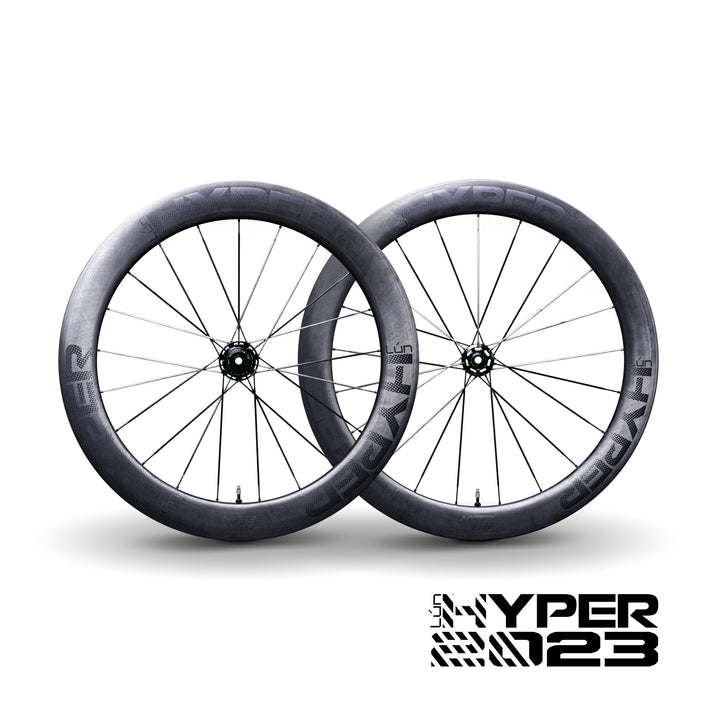 Pair of Lún HYPER D67 disc brake wheels, 67mm deep carbon rims with matte branding, black hubs and spokes.