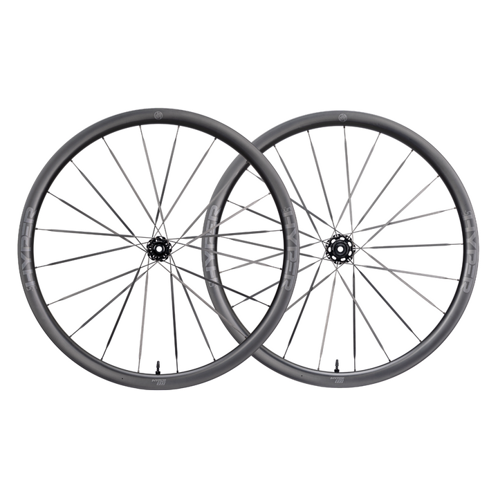 Pair of HYPER 3 D33 carbon fiber disc brake wheelset, 35mm UD matte rims with laser decals, carbon spokes, black hubs.