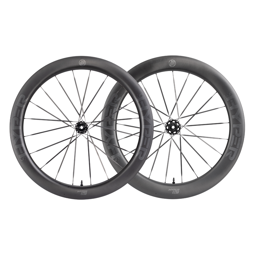 HYPER 3 D67 carbon disc wheelset with 60mm front, 68mm rear, matte finish, and wide carbon spokes.