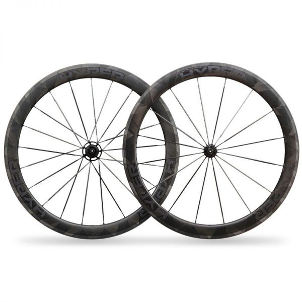 Lún HYPER 50mm carbon fiber rim brake wheelset with black spokes and hubs on a white background.